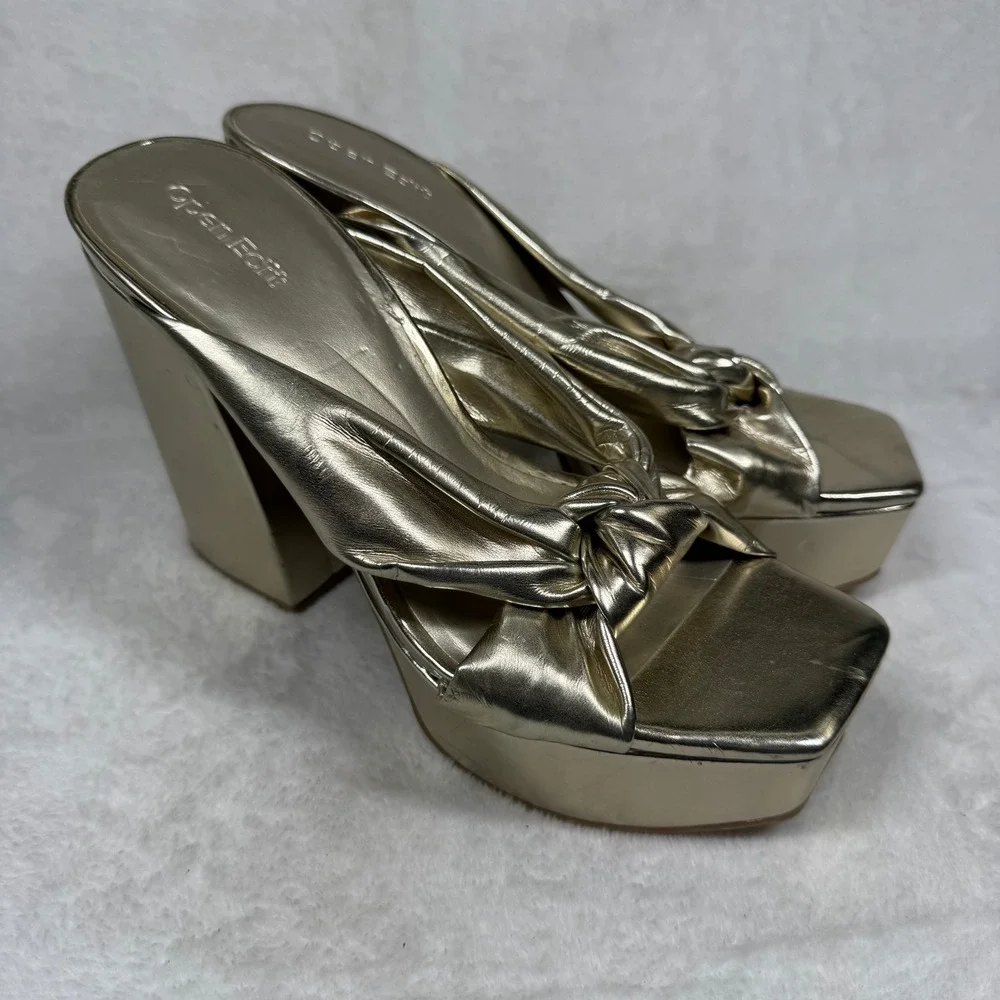 Open Edit Kaia Gold Metallic Knotted Platform Block Heel Sandals‎ Womens 7M